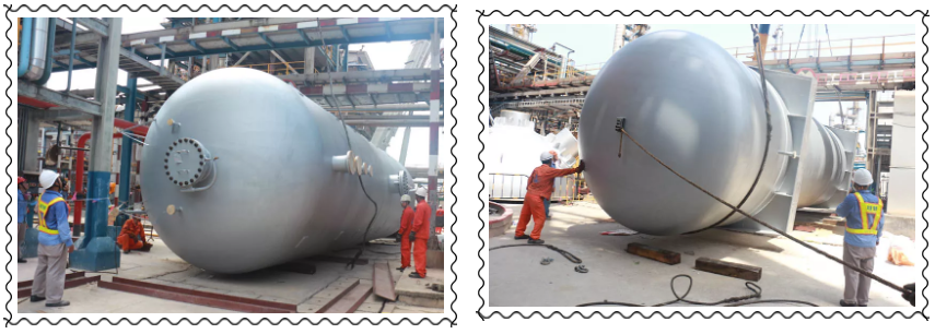 The 90-degree rotation of the liquid separator tank is completed, with its base in a horizontal state.